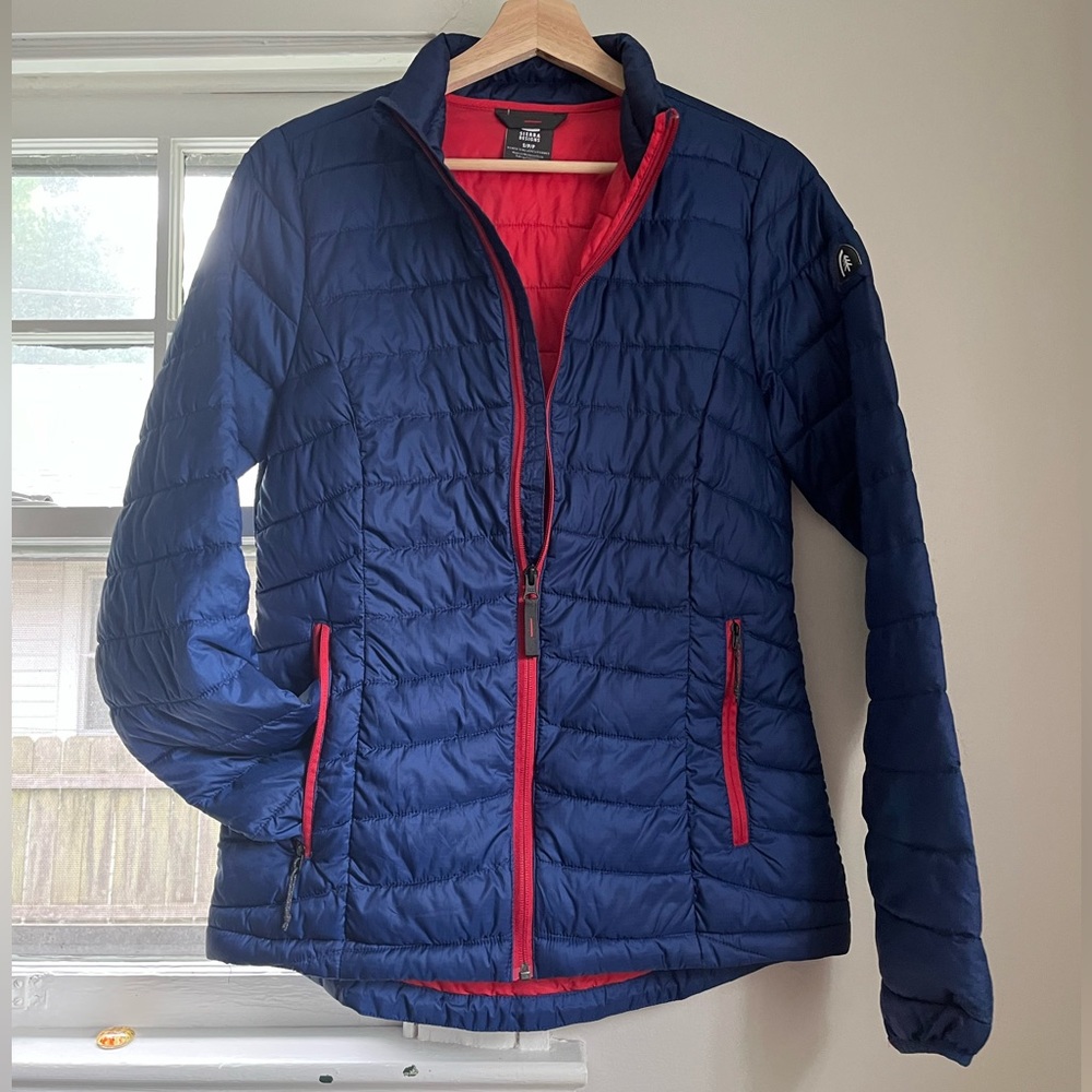 Lightweight Puffer Coat - Blue & Red Accents. Size Small. Used. Sierra Designs